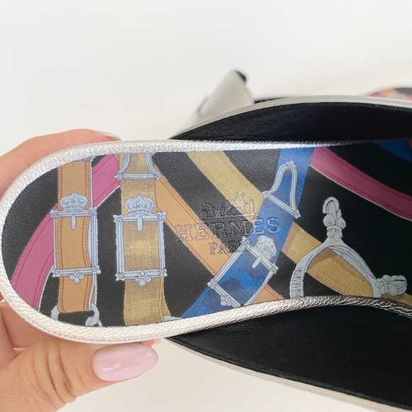 HERMES H CATENA SILVER LEATHER MULES FLIP FLOPS SHOES FLAT SLIDES 37 - Picture 12 of 15
